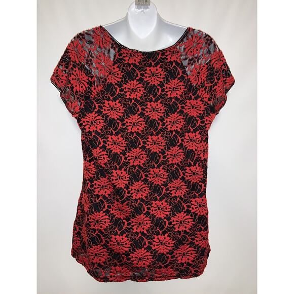 Avenue Womens Black & Red Floral Lace Top Size 14 16 Short Sleeve Y2K Style - Picture 2 of 6